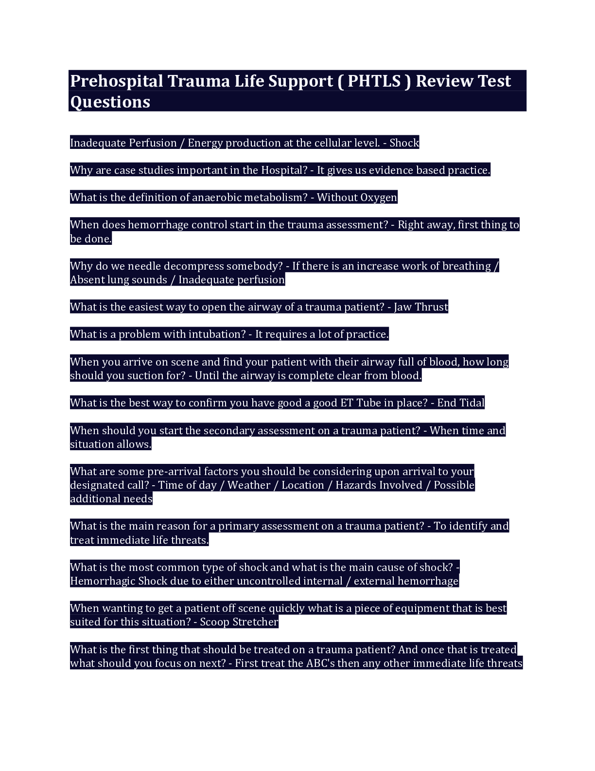 Preview image for Prehospital Trauma Life Support ( PHTLS ) Review Test Questions